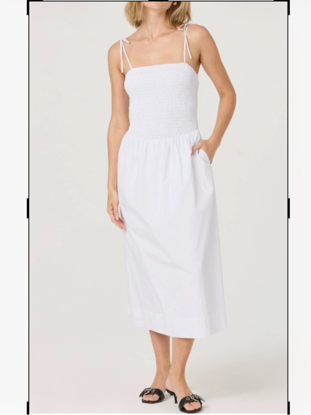 Astr White Smocked Midi Dress with Tie Straps